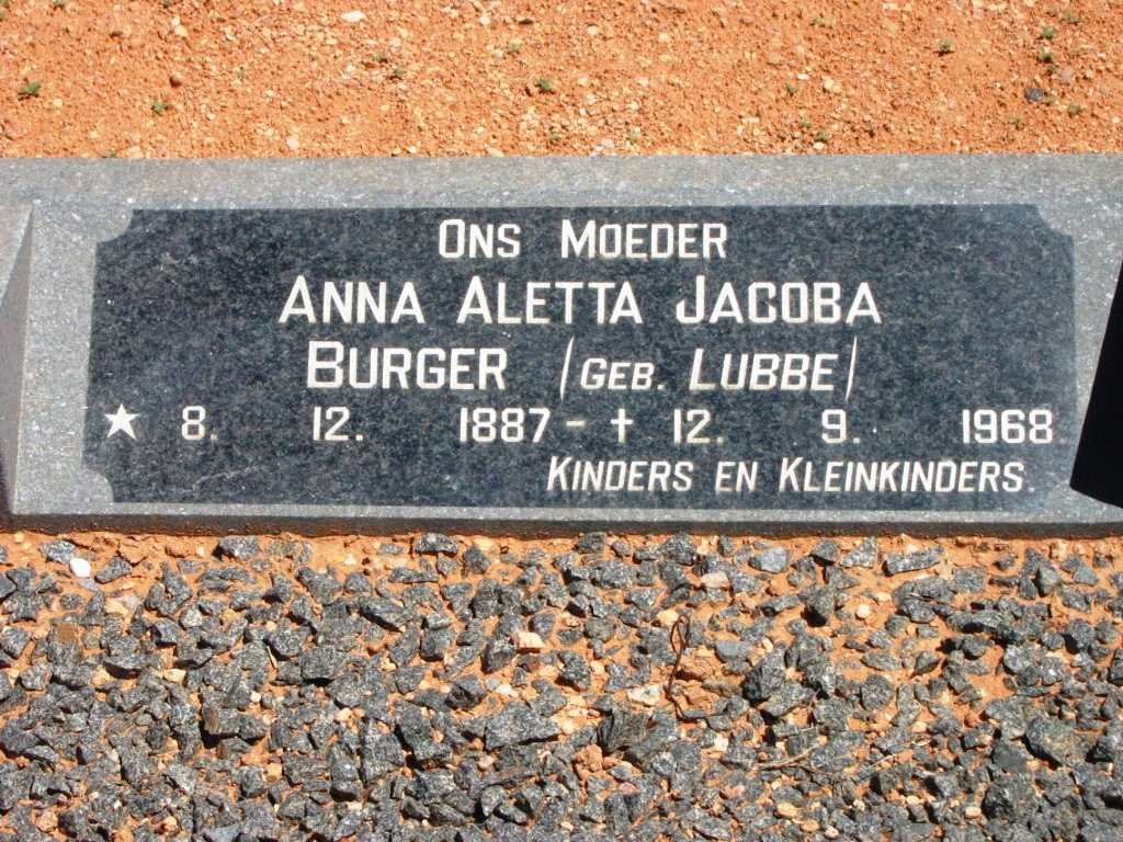 BURGER Anna Aletta Jacoba nee LUBBE 1887-1968