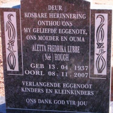 LUBBE Aletta Fredrika nee HOUGH 1937-2007