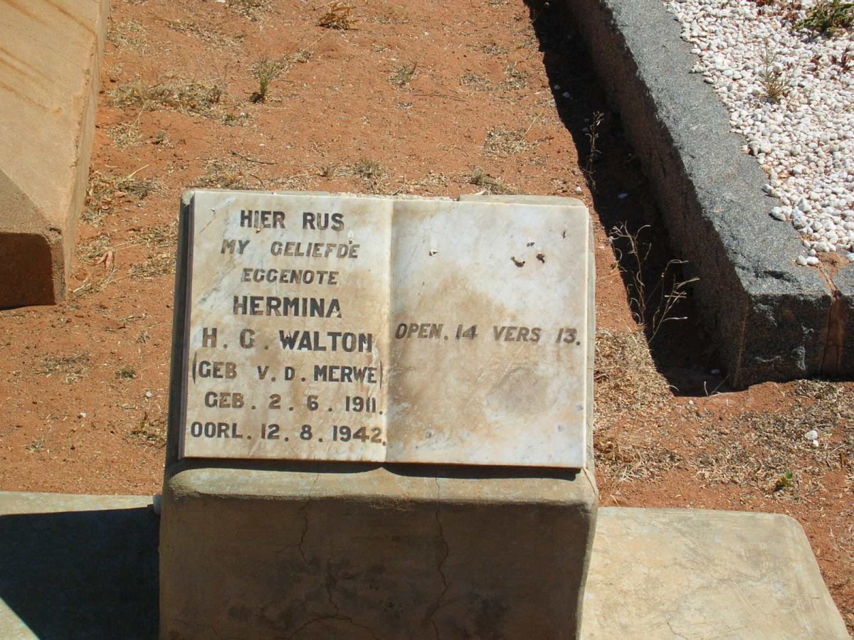 WALTON Hermina H.G. geb. V.D. MERWE 1911-1942