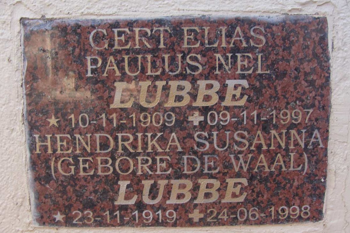 LUBBE Gert Elias Paulus Nel 1909-1997 &amp; Hendrika Susanna DE WAAL 1919-1998