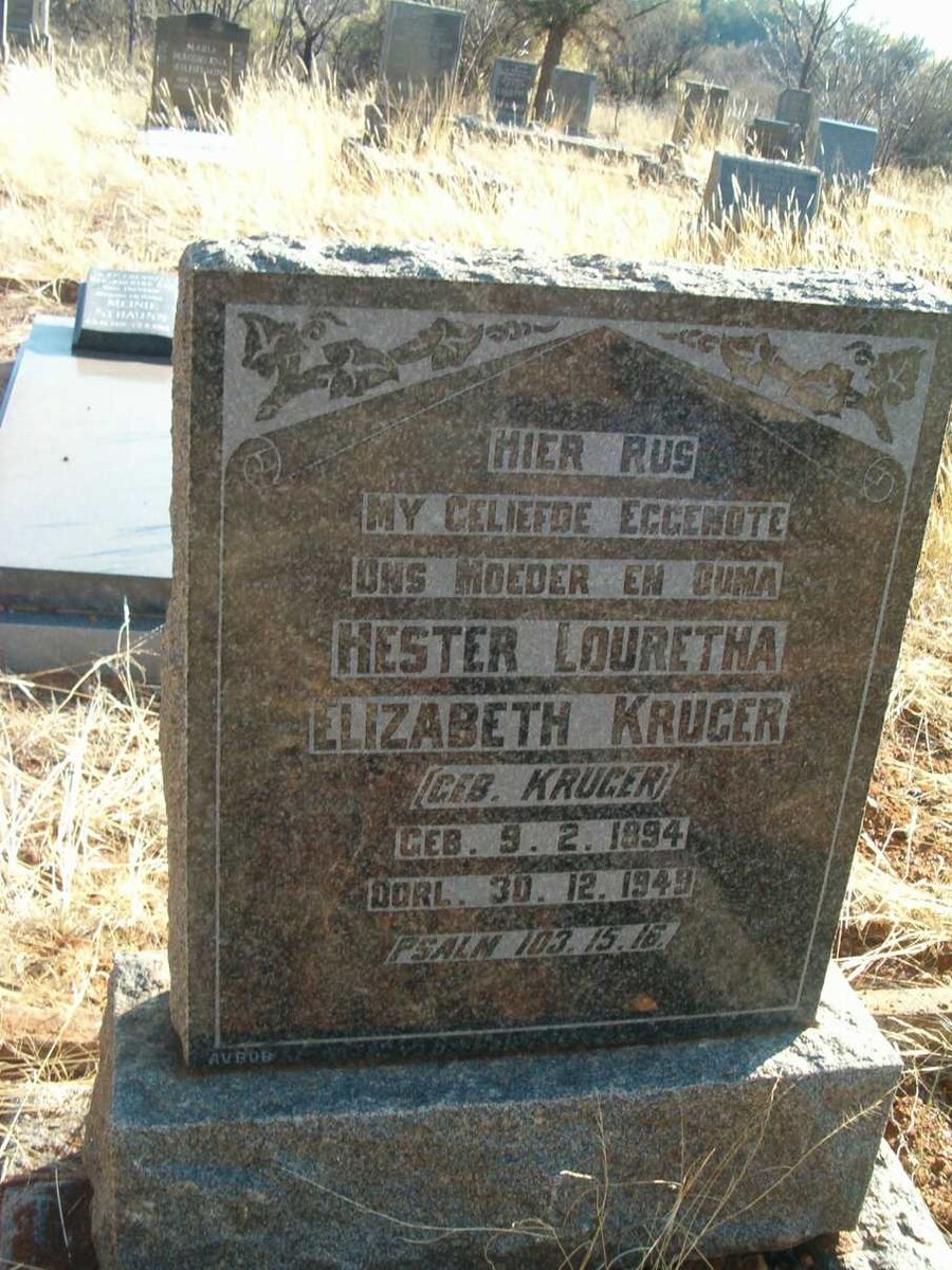 KRUGER Hester Louretha Elizabeth nee KRUGER 1894-1949
