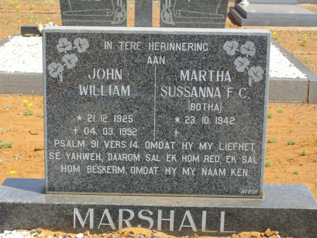MARSHALL John William 1925-1992 &amp; Martha Sussanna F.C. BOTHA 1942-