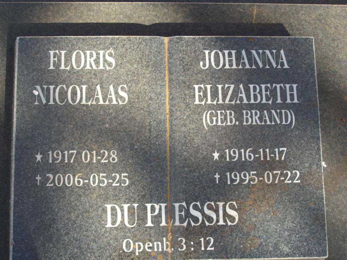 PLESSIS Floris Nicolaas, du 1917-2006 &amp; Johanna Elizabeth BRAND 1916-1995