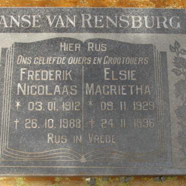 RENSBURG Frederik Nicolaas, Janse van 1912-1988 &amp; Elsie Magrietha 1929-1996