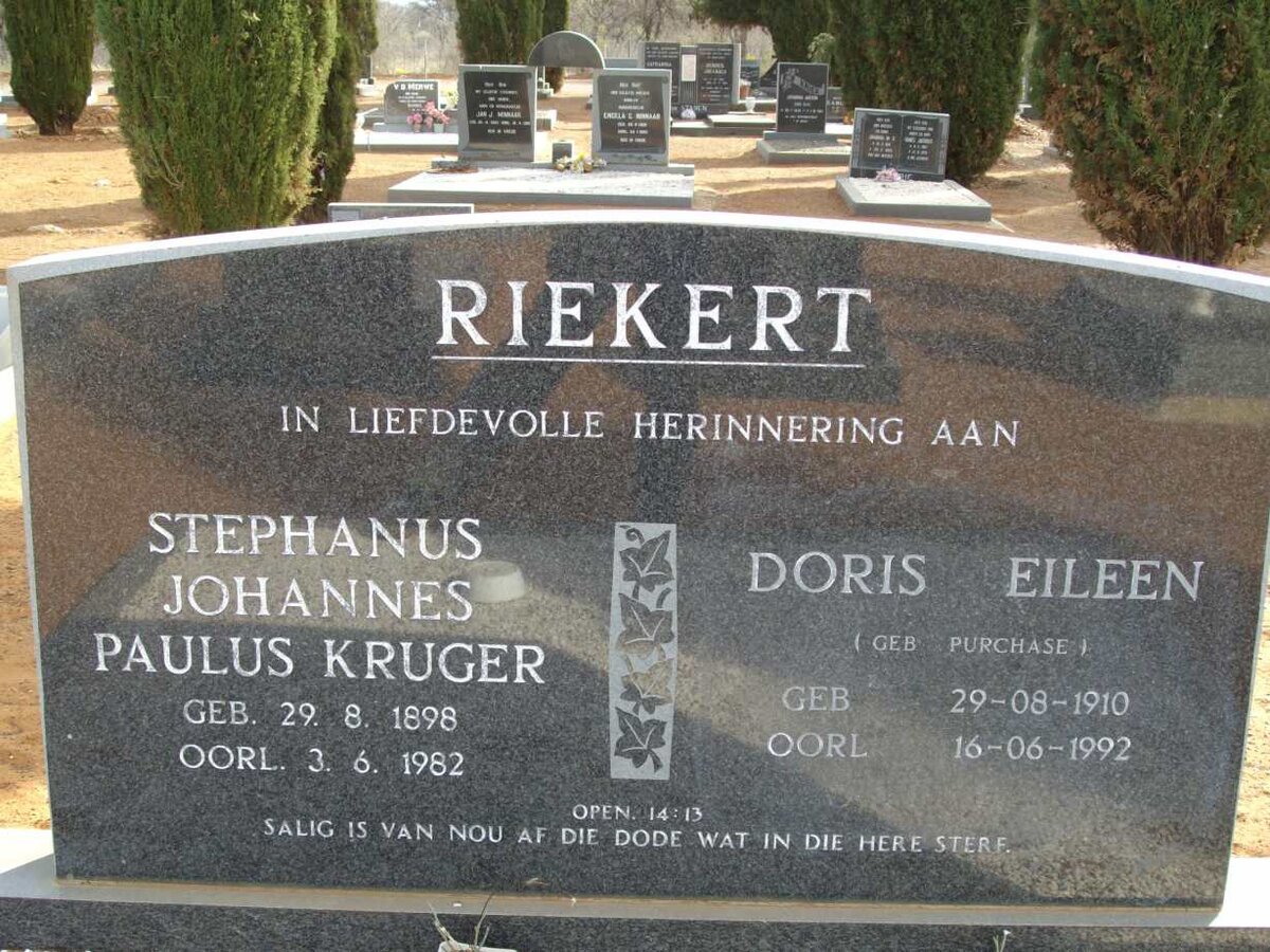 RIEKERT Stephanus Johannes Paulus Kruger 1898-1982 &amp; Doris Eileen PURCHASE 1910-1992