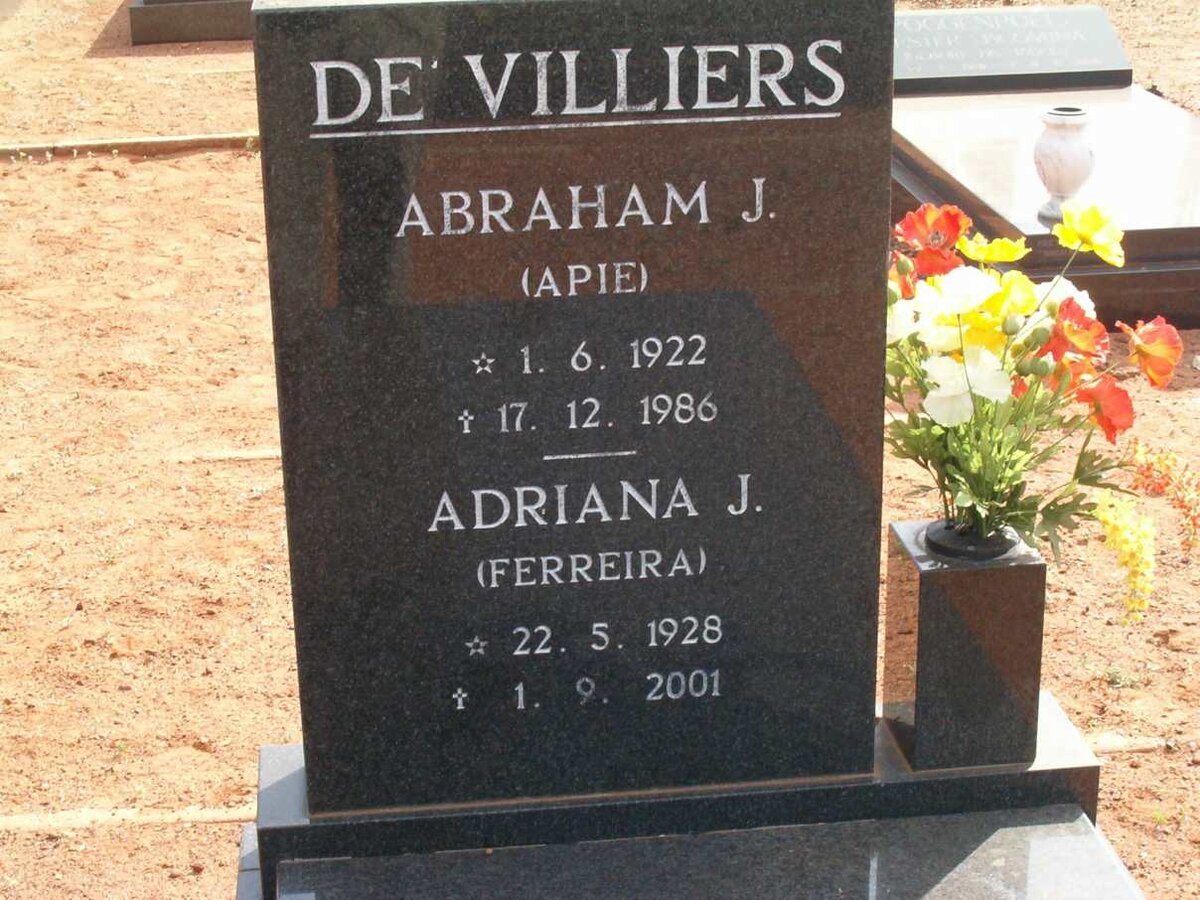 VILLIERS Abraham J., de 1922-1986 &amp; Adriana J. FERREIRA 1928-2001