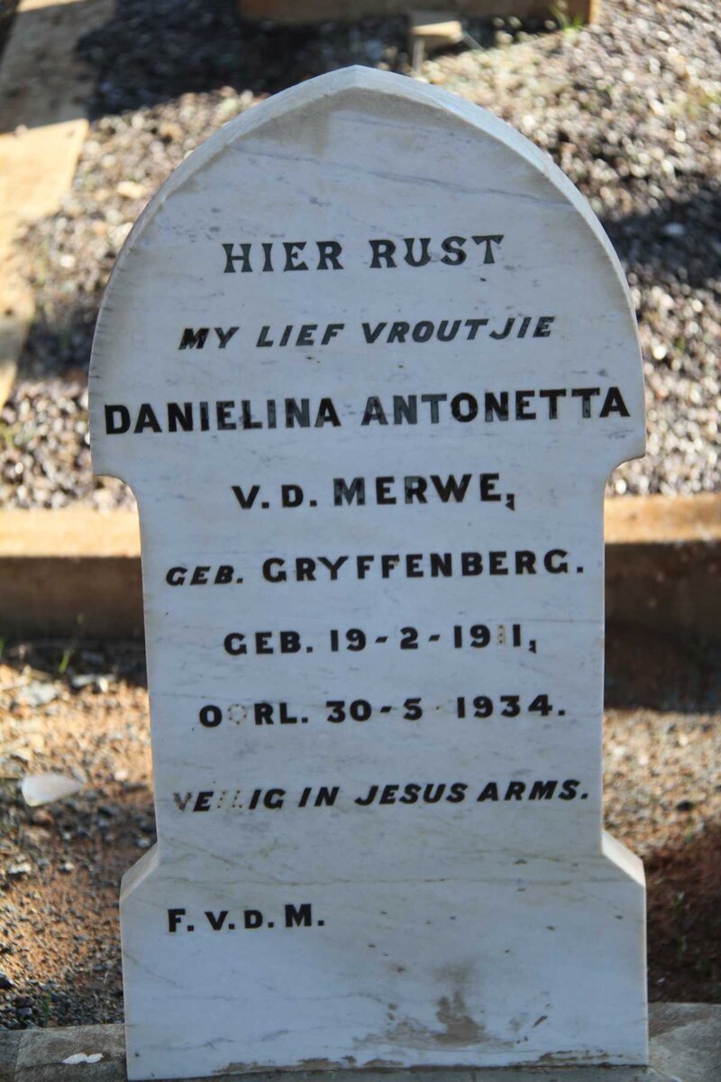 MERWE Danielina Antonetta, van der  nee GRYFFENBERG 1911-1934