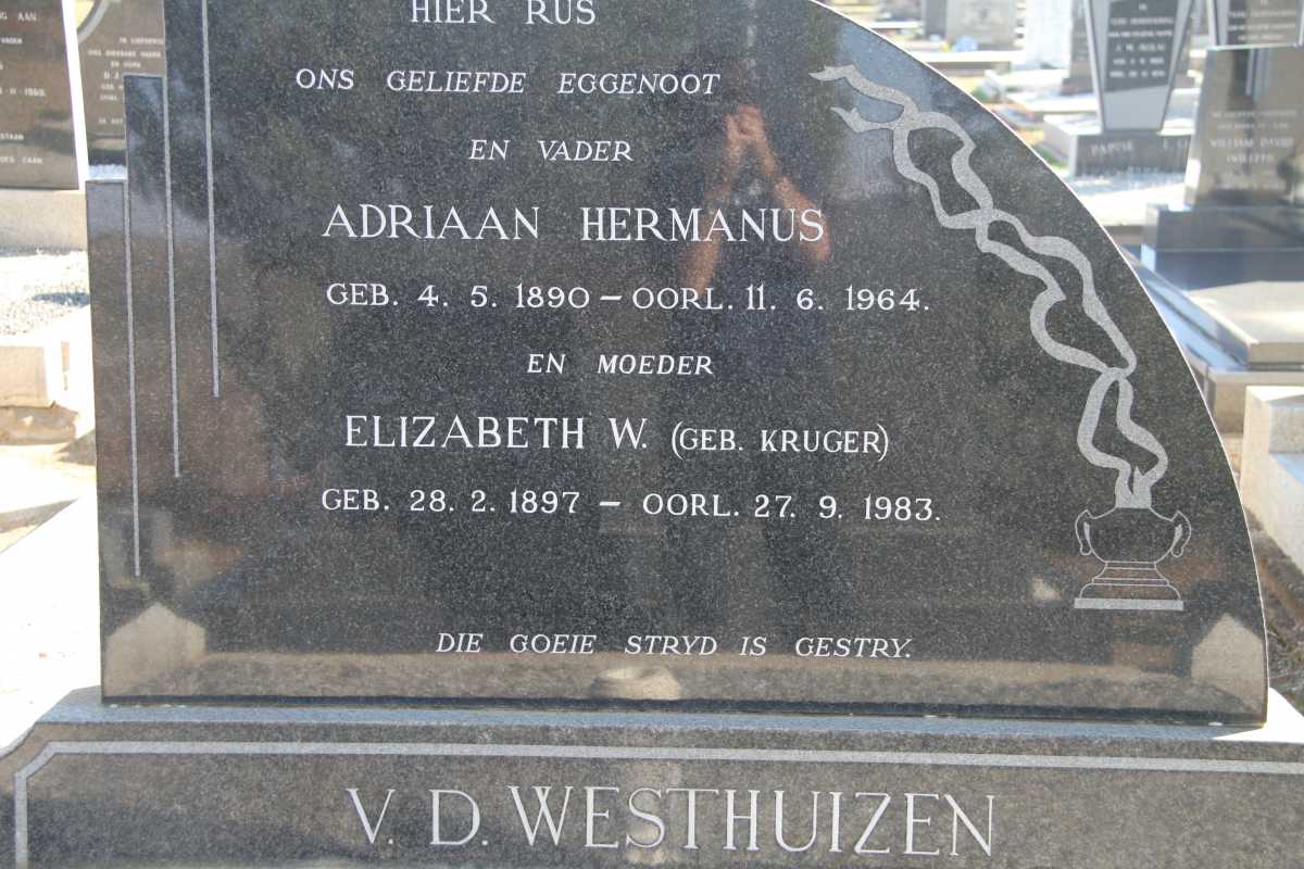 WESTHUIZEN Adriaan Hermanus, van der 1890-1964 &amp; Elizabeth W. KRUGER 1897-1983