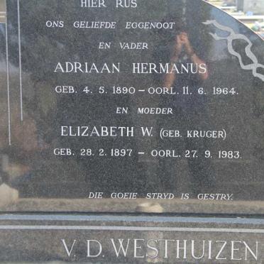WESTHUIZEN Adriaan Hermanus, van der 1890-1964 &amp; Elizabeth W. KRUGER 1897-1983