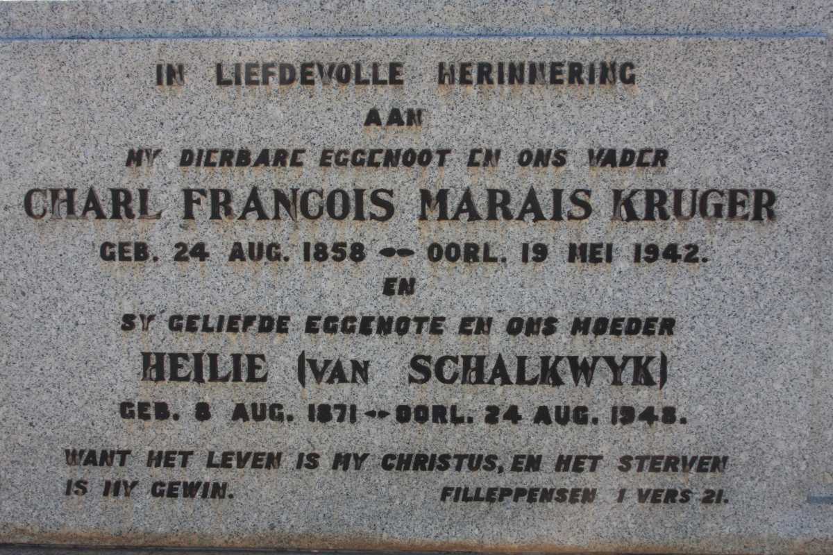 KRUGER Charl Francois Marais 1858-1942 &amp; Heilie VAN SCHALKWYK 1871-1948 