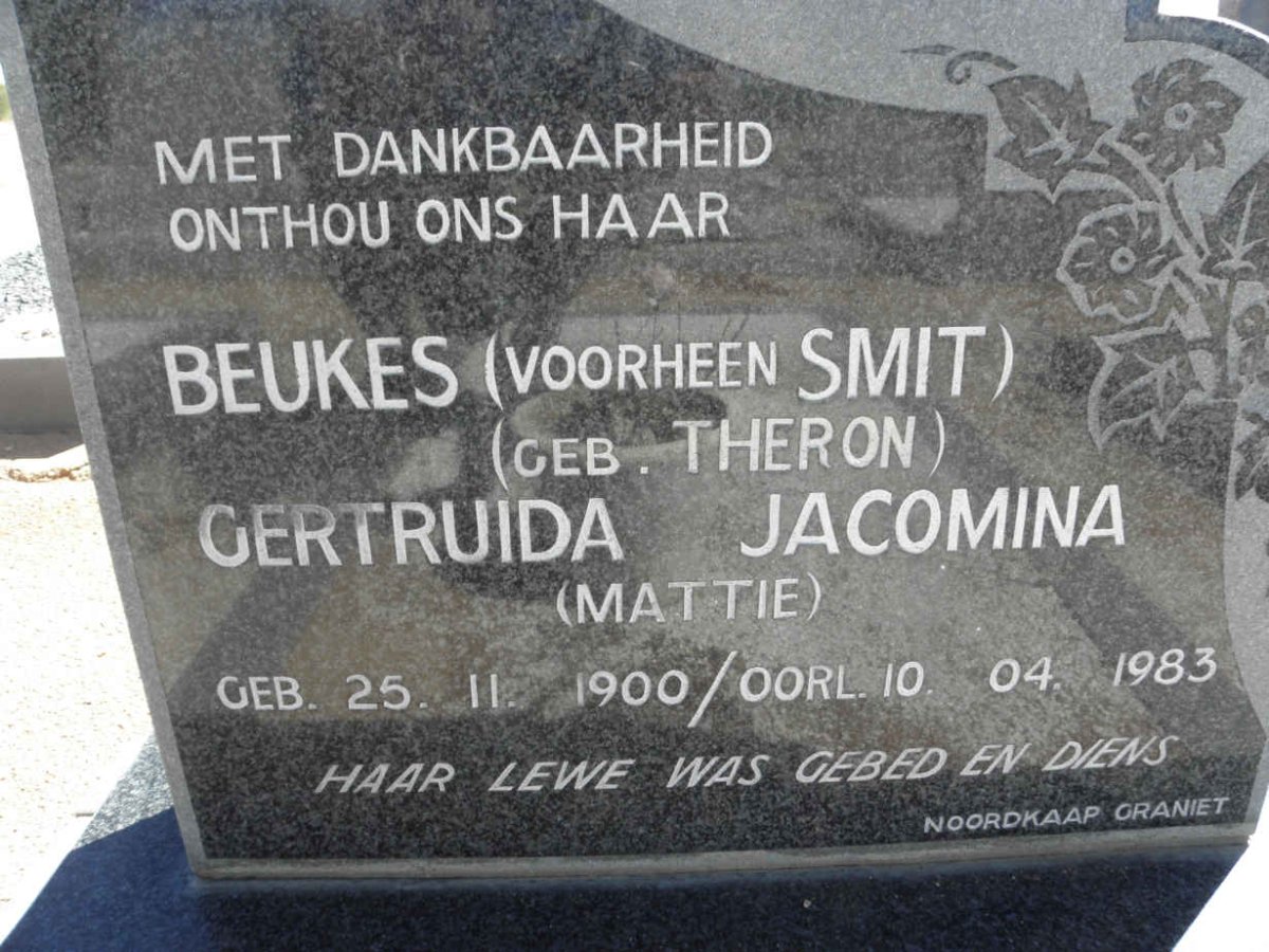 BEUKES Gertruida Jacomina formerly SMIT nee THERON 1900-1983
