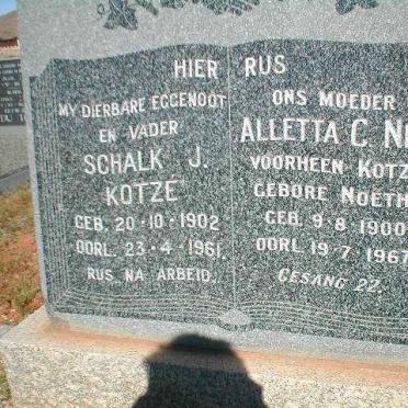 KOTZE Schalk J. 1902-1961 &amp; Alletta C. NEL voorheen KOTZE nee NOETH 1900-1967