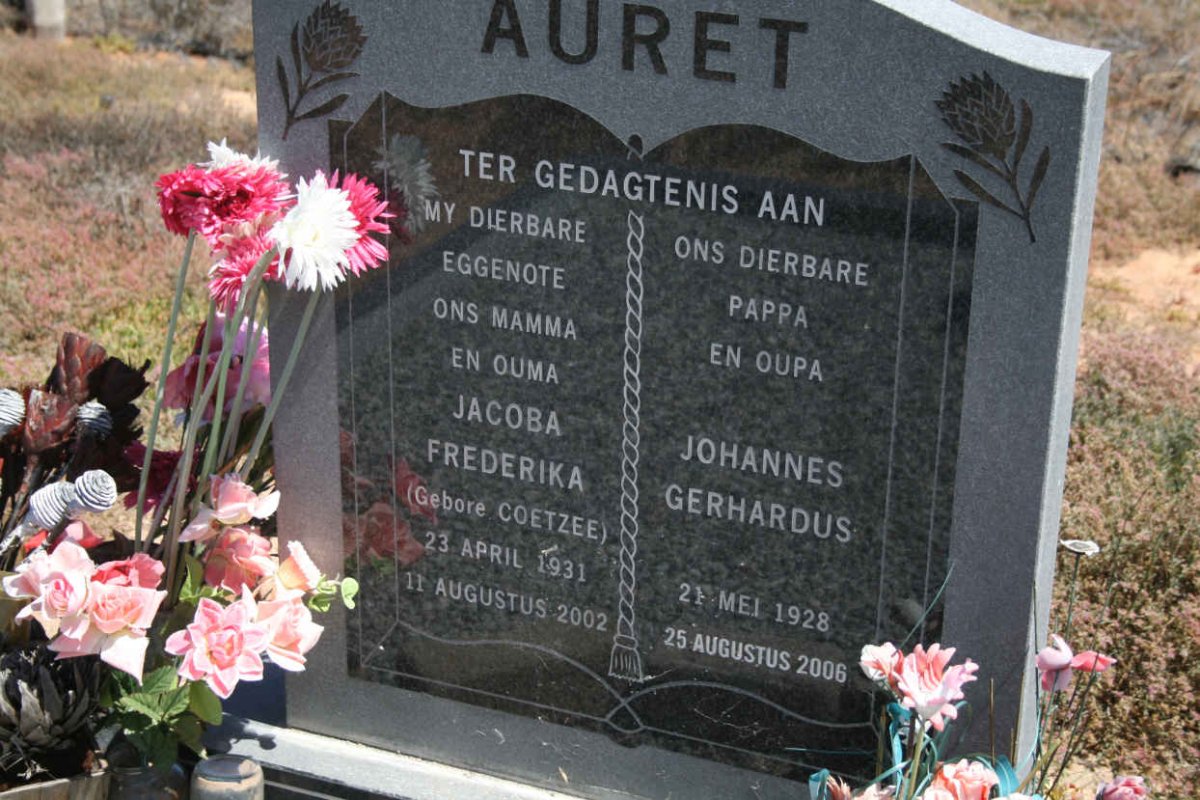 AURET Johannes Gerhardus 1928-2006 &amp; Jacoba Frederika COETZEE 1931-2002