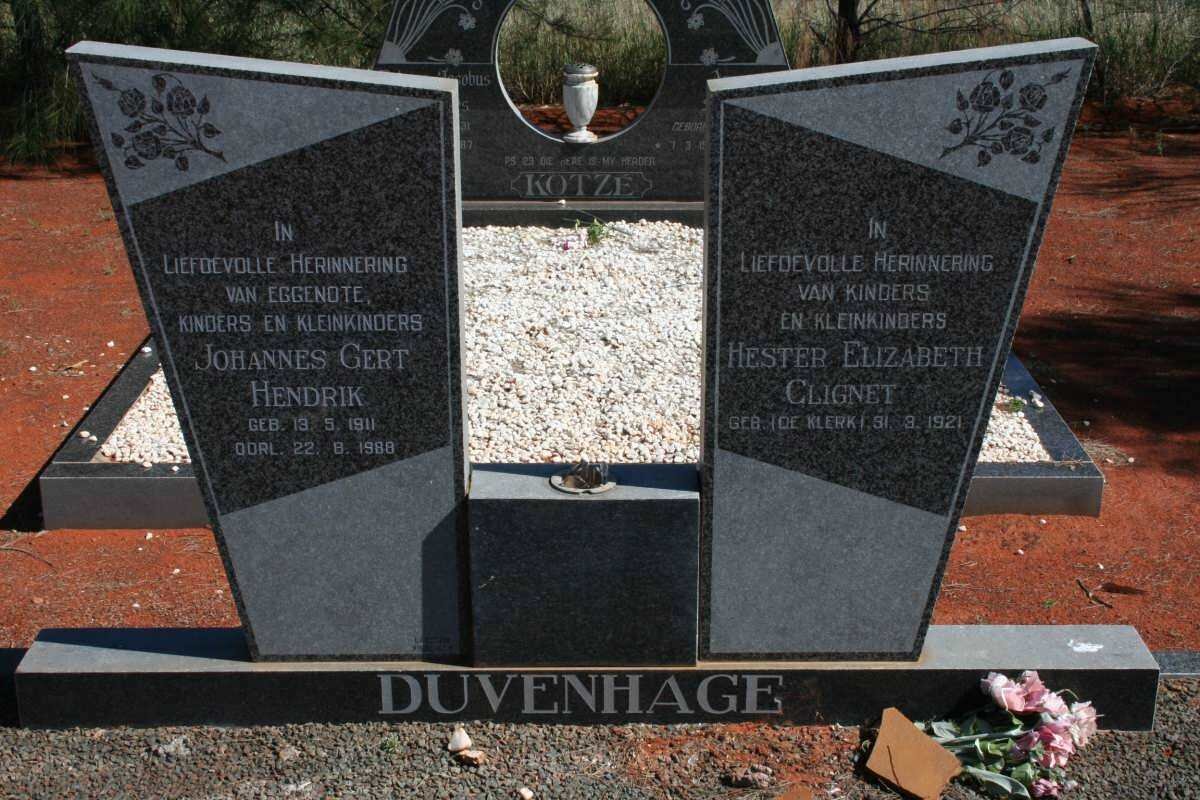 DUVENHAGE Johannes Gert Hendrik 1911-1988  &amp;  Hester Elizabeth Clignet DE KLERK 1921-
