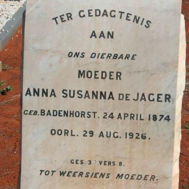JAGER Anna Susanna, de nee BADENHORST 1874-1926
