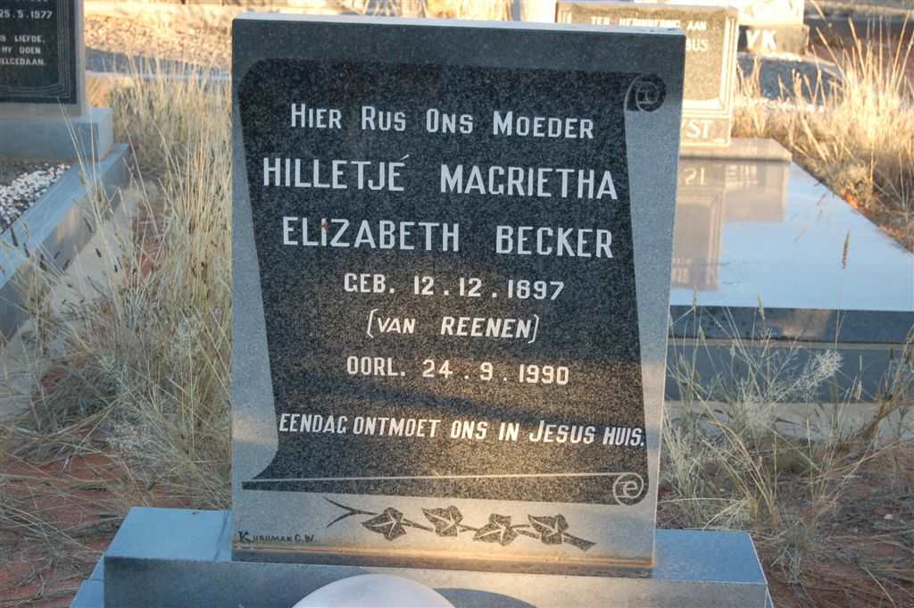 BECKER Hilletje Magrietha Elizabeth nee VAN REENEN 1897-1990
