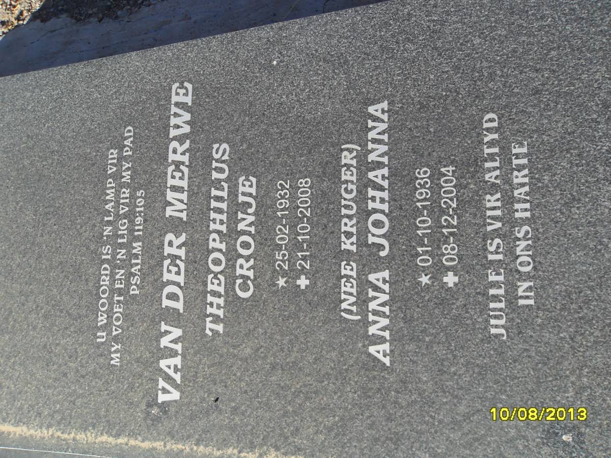 MERWE Theophilus Cronje, van der 1932-2008 &amp; Anna Johanna KRUGER 1936-2004