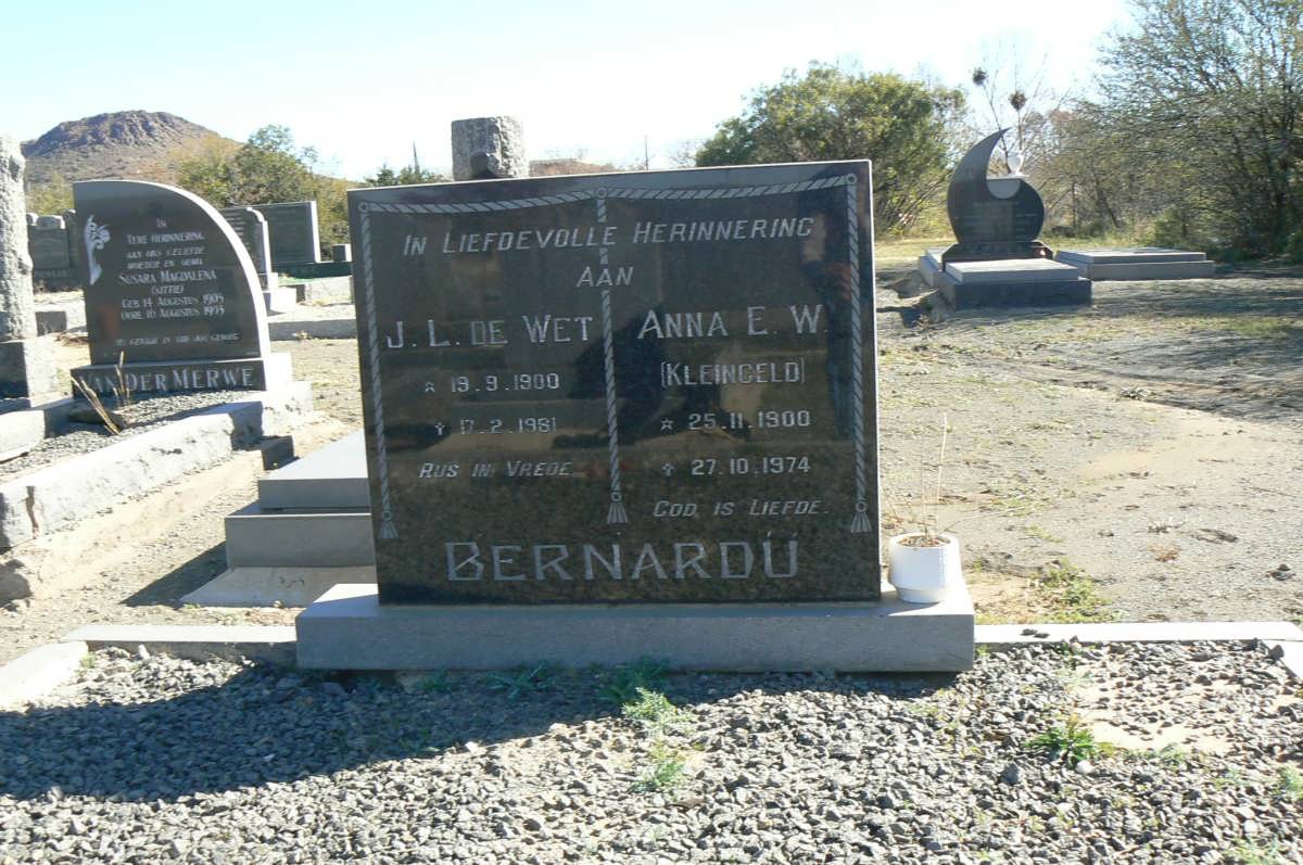 BERNARDU J.L. de Wet 1900-1981 &amp; Anna E.W. KLEINGELD 1900-1974