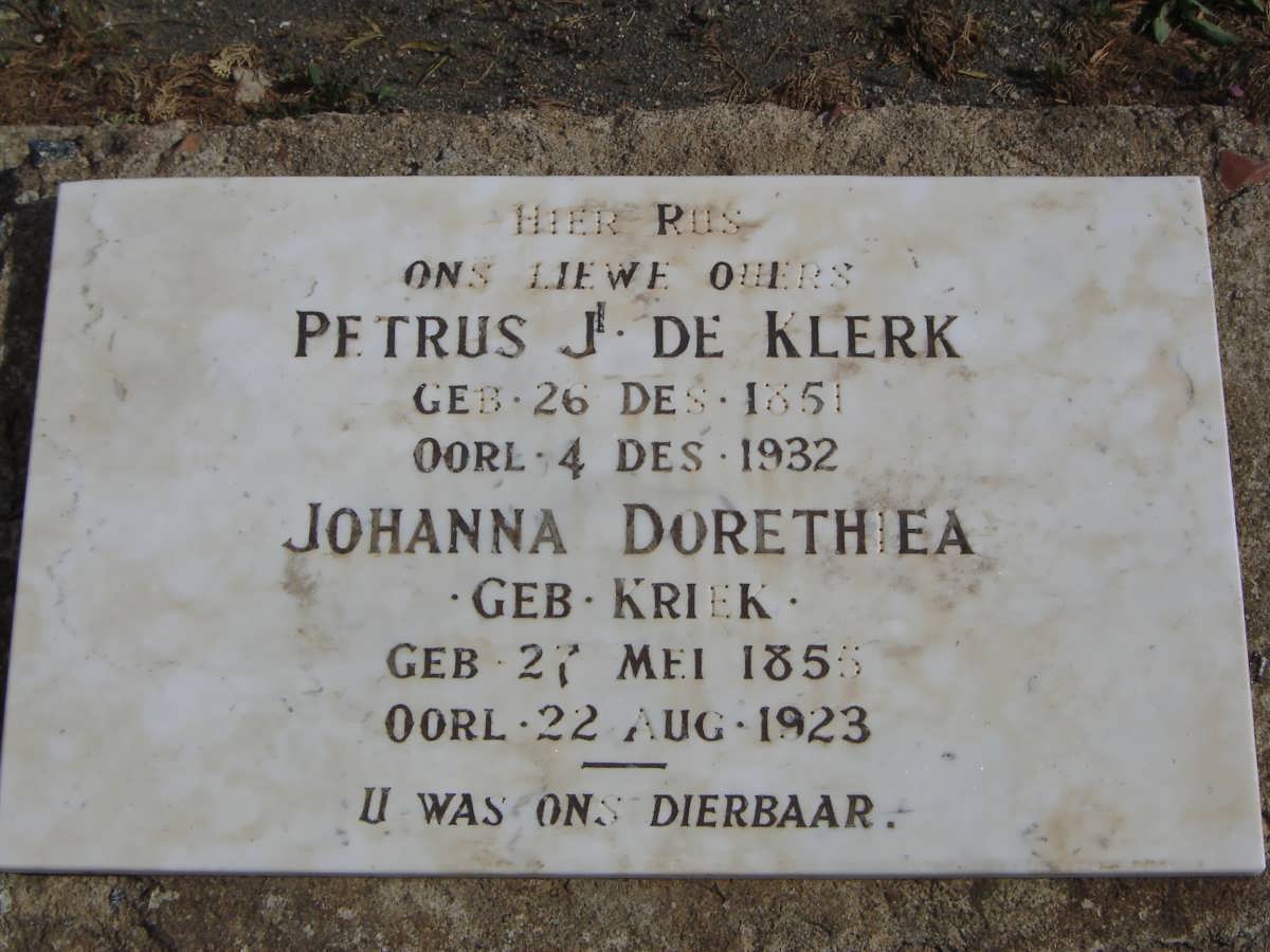 KLERK Petrus J, de 1851-1932 &amp; Johanna Dorethiea KRIEK 1855-1923