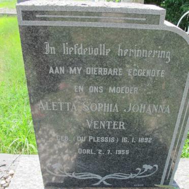 VENTER Aletta Sophia Johanna nee DU PLESSIS 1892-1955