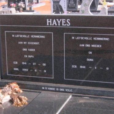 HAYES Daniel Jacobus 1941-2003 &amp; Judith Johanna 1946-