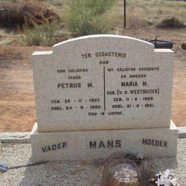 MANS Petrus M. 1903-1962 &amp; Maria M. V.D. WESTHUIZEN 1909-1961