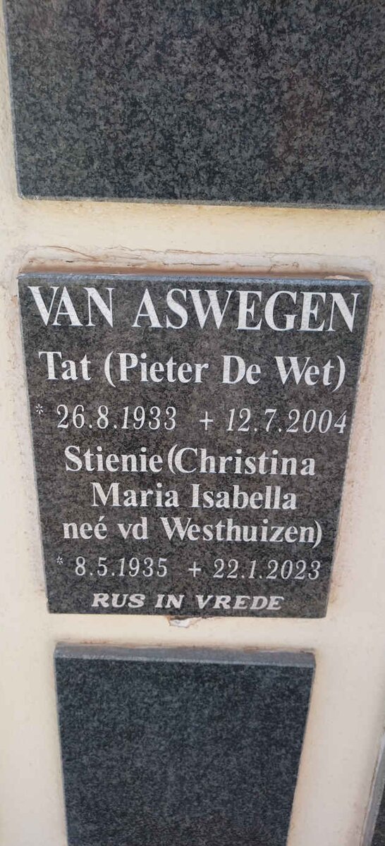 ASWEGEN Pieter de Wet, van 1933-2004 & Christina Maria Isabella V.D. WESTHUIZEN 1935-2023