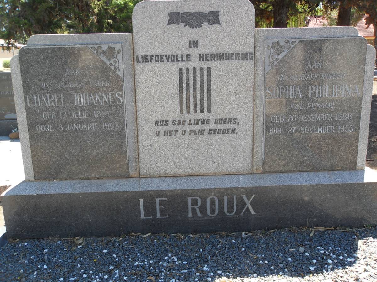 ROUX Charel Johannes, le 1887-1953 &amp; Sophia Philipina PIENAAR 1888-1953
