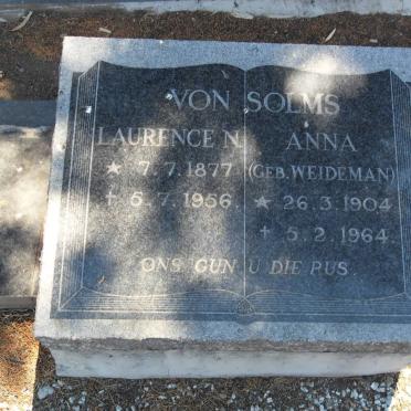 SOLMS Laurence N., von 1877-1956 &amp; Anna WEIDEMAN 1904-1964