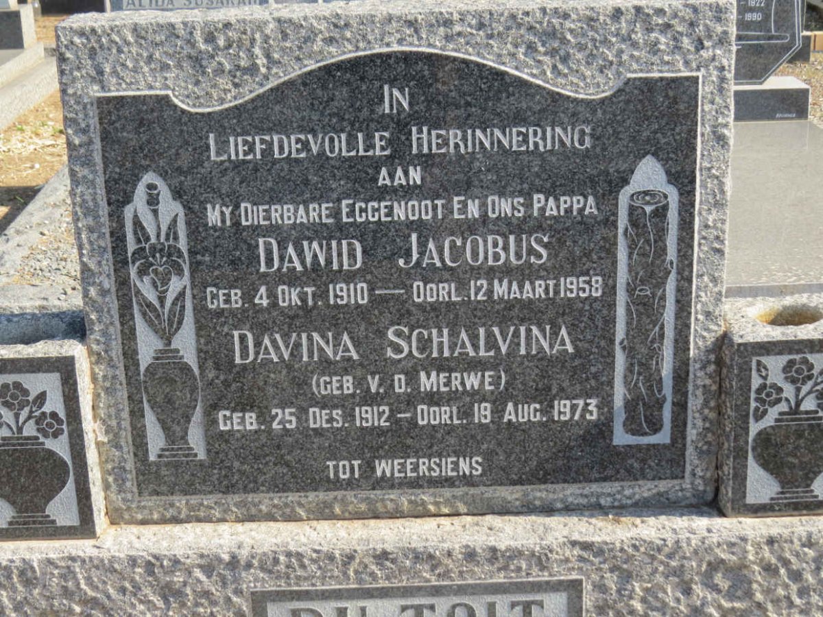 TOIT Dawid Jacobus, du 1910-1958 &amp; Davina Schalvina V.D. MERWE 1912-1973