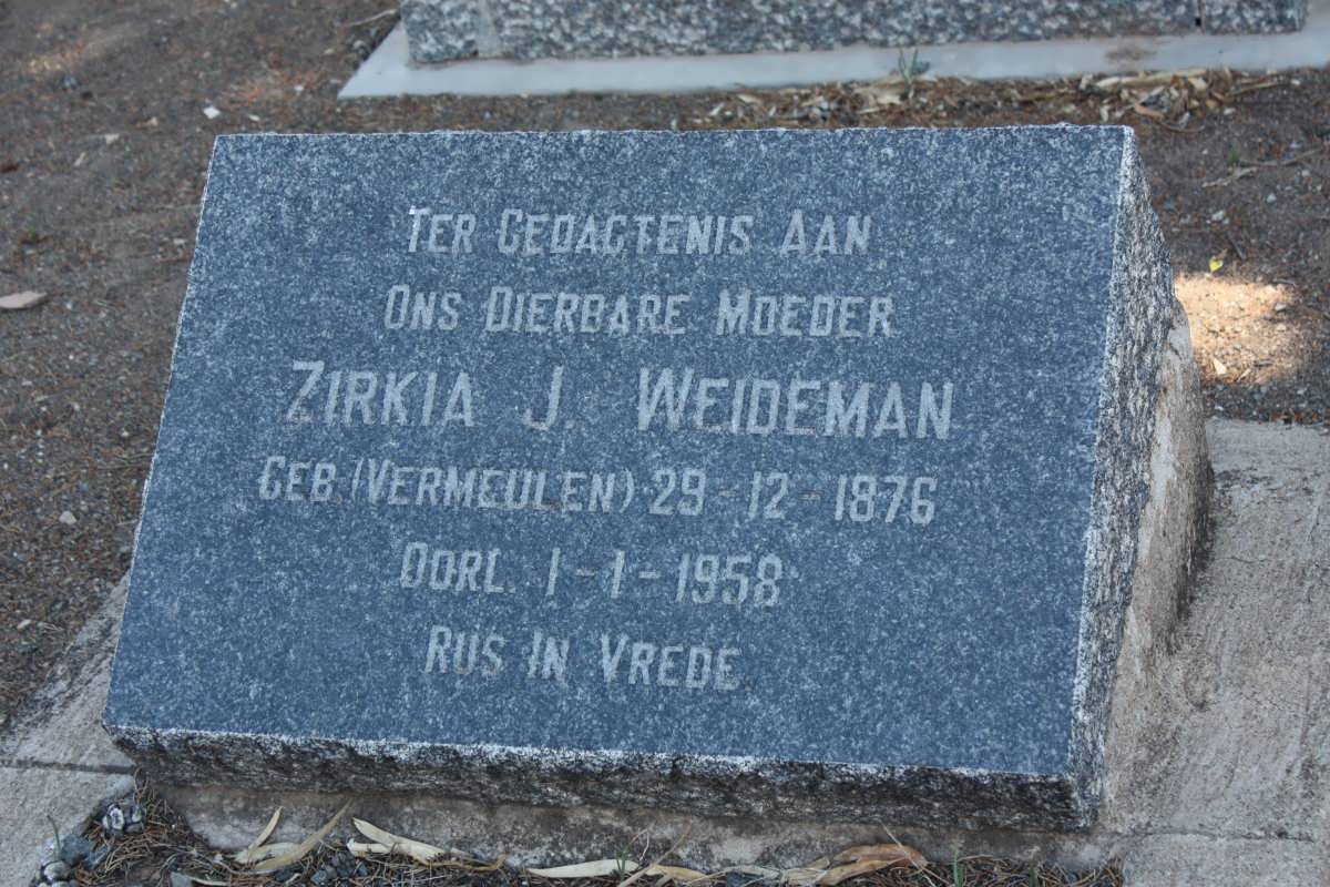 WEIDEMAN Zirkia J. nee VERMEULEN 1876-1958