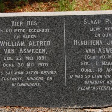 ASWEGEN William Alfred, van 1891-1970 &amp; Hendrina Johanna v.d. MERWE 1894-1994