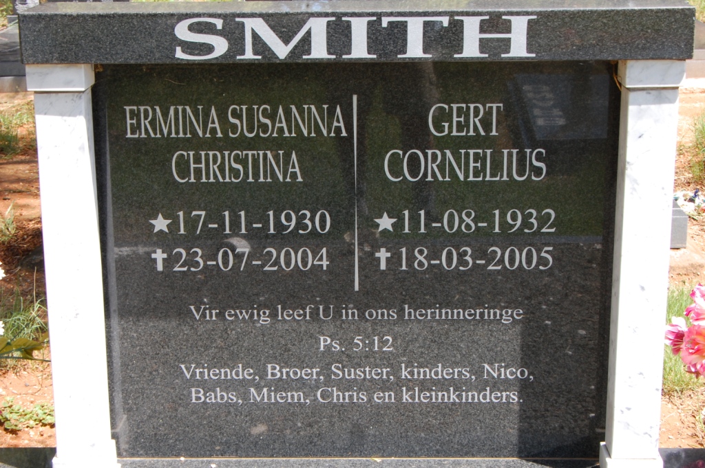 SMITH Gert Cornelius 1932-2005 &amp; Ermina Susanna Christina 1930-2004