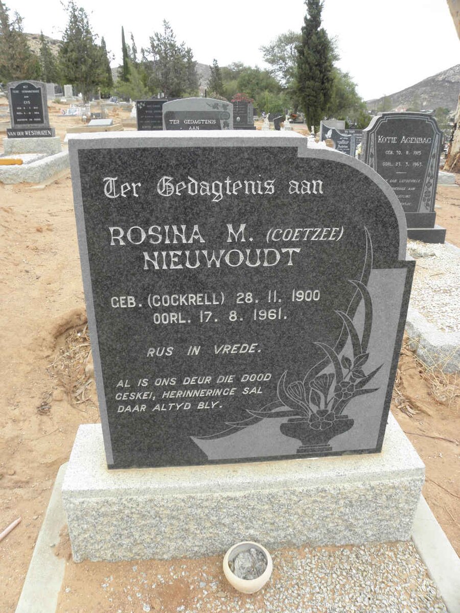 NIEUWOUDT Rosina M. previously COETZEE nee COCKRELL 1900-1961