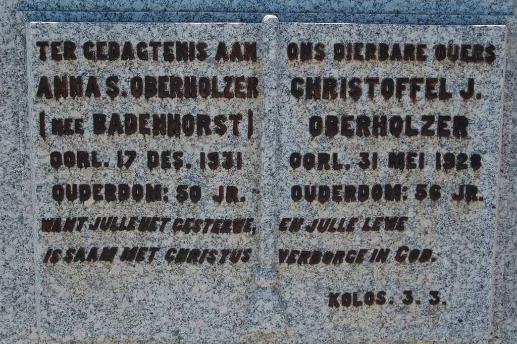 OBERHOLZER Christoffel J. -1923 &amp; Anna S. BADENHORST -1931
