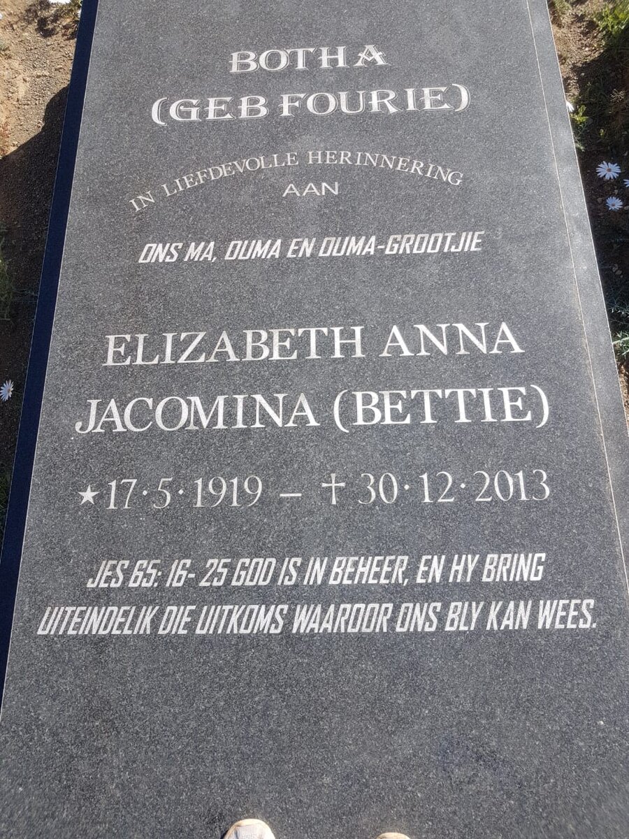 BOTHA Elizabeth Anna Jacomina nee FOURIE 1919-2013