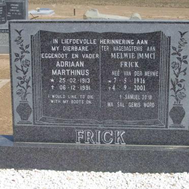 FRICK Adriaan Marthinus 1913-1991 &amp; M.M.C. VAN DER MERWE 1916-2001
