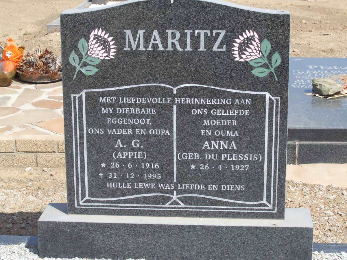 MARITZ  A.G. 1916-1995 &amp; Anna DU PLESSIS 1927-