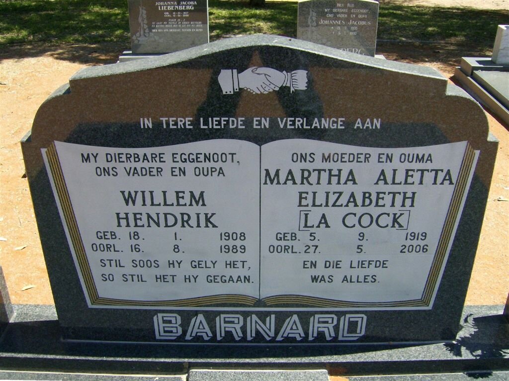 BARNARD Willem Hendrik 1908-1989 &amp; Martha Aletta Elizabeth LA COCK 1919-2006