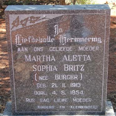 BRITZ Martha Aletta Sophia nee BURGER 1913-1954