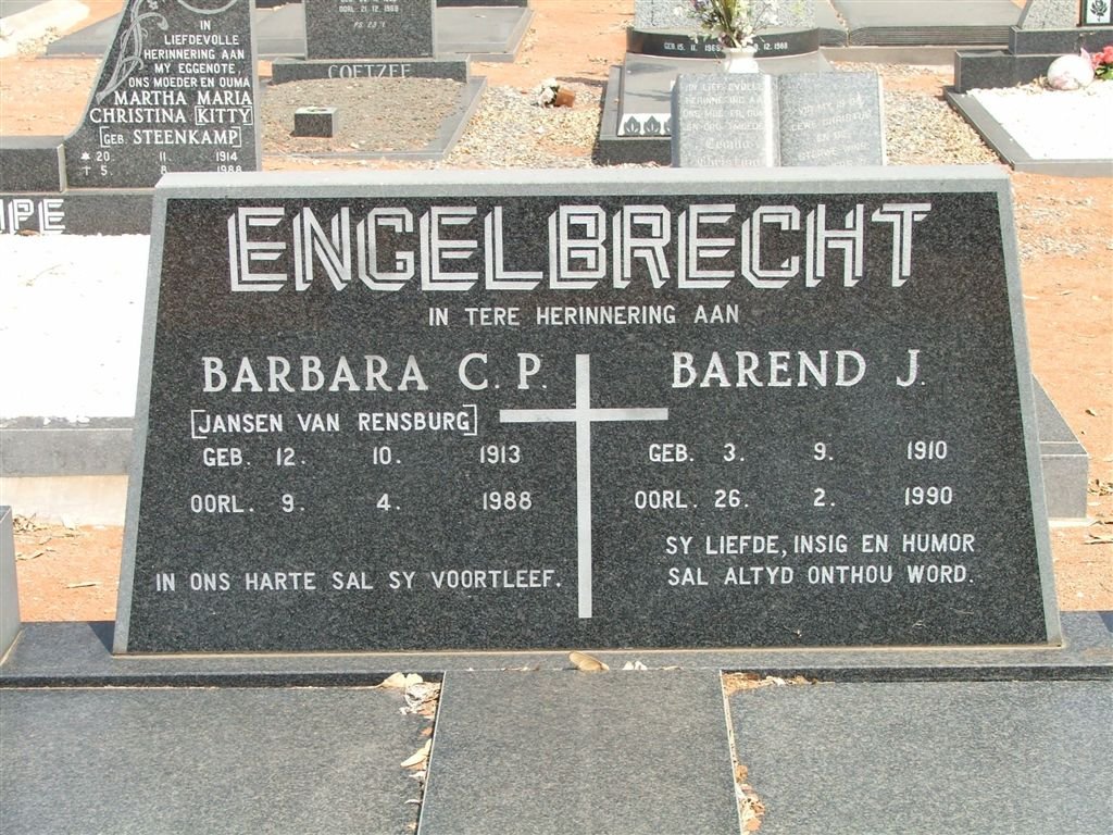 ENGELBRECHT Barend J. 1910-1990 &amp; Barbara C.P. JANSEN VAN RENSBURG 1913-1988