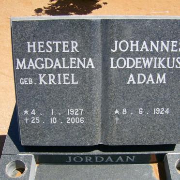 JORDAAN Johannes Lodewikus Adam 1924-  &amp; Hester Magdalena KRIEL 1927-2006