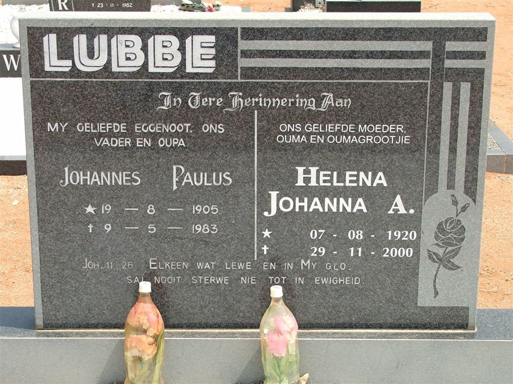 LUBBE Johannes Paulus 1905-1983 &amp; Helena Johanna A. 1920-2000