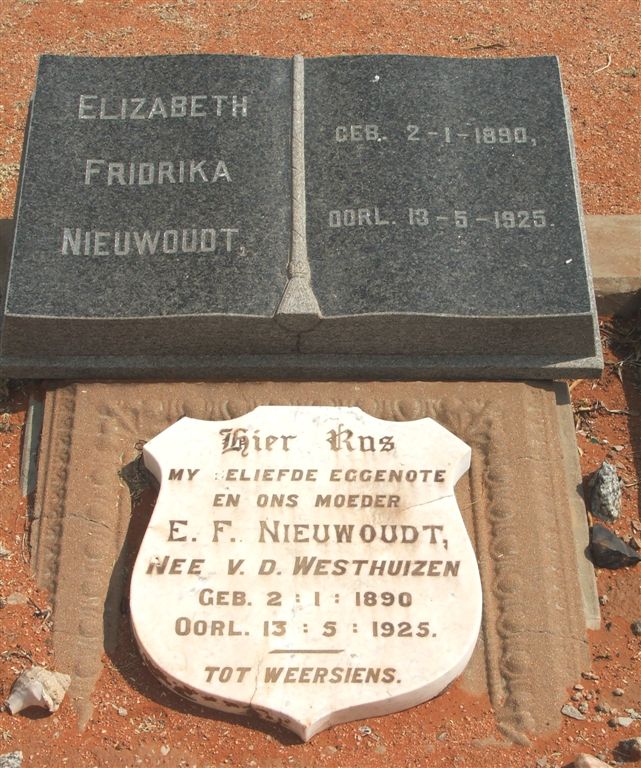 NIEUWOUDT Elizabeth Fridrika nee V.D.WESTHUIZEN  1890-1925