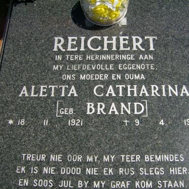 REICHERT Aletta Catharina nee BRAND 1921-1989
