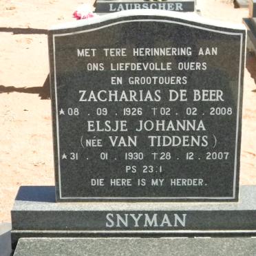 SNYMAN Zacharias De Beer 1926-2008 &amp; Elsje Johanna VAN TIDDENS 1930-2007