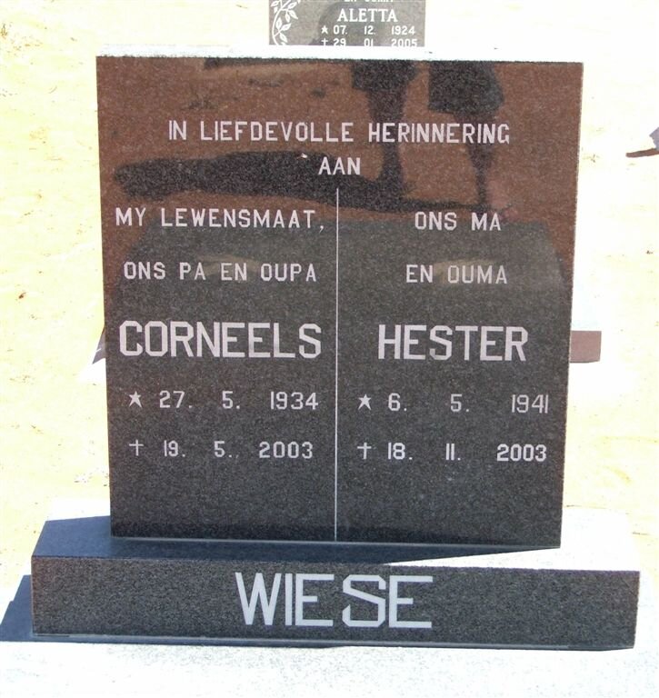 WIESE Corneels 1934-2003 &amp; Hester 1941-2003