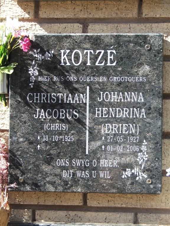 KOTZE Christiaan Jacobus 1925- &amp; Johanna Hendrina 1927-2006