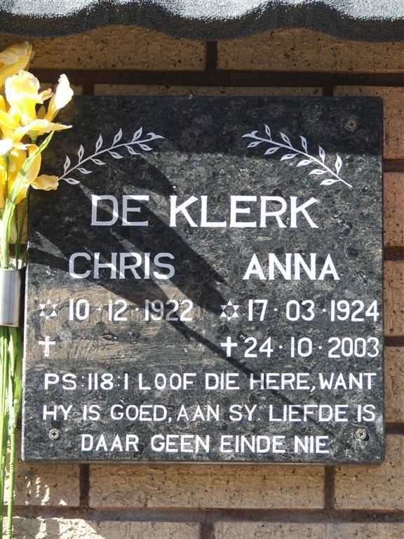 KLERK Chris, de 1922- &amp; Anna 1924-2003