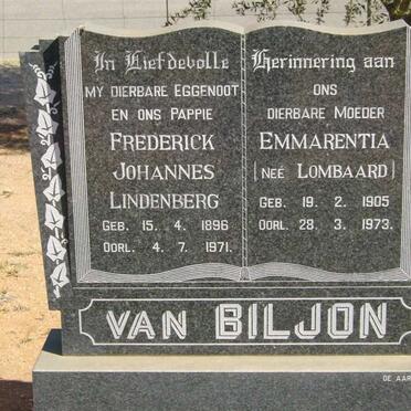 BILJON Frederick Johannes Lindenberg, van 1896-1971 &amp; Emmarentia LOMBAARD 1905-1973